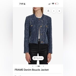 Frame Denim Navy Bouclé Tailored Jacket with Gold Buttons